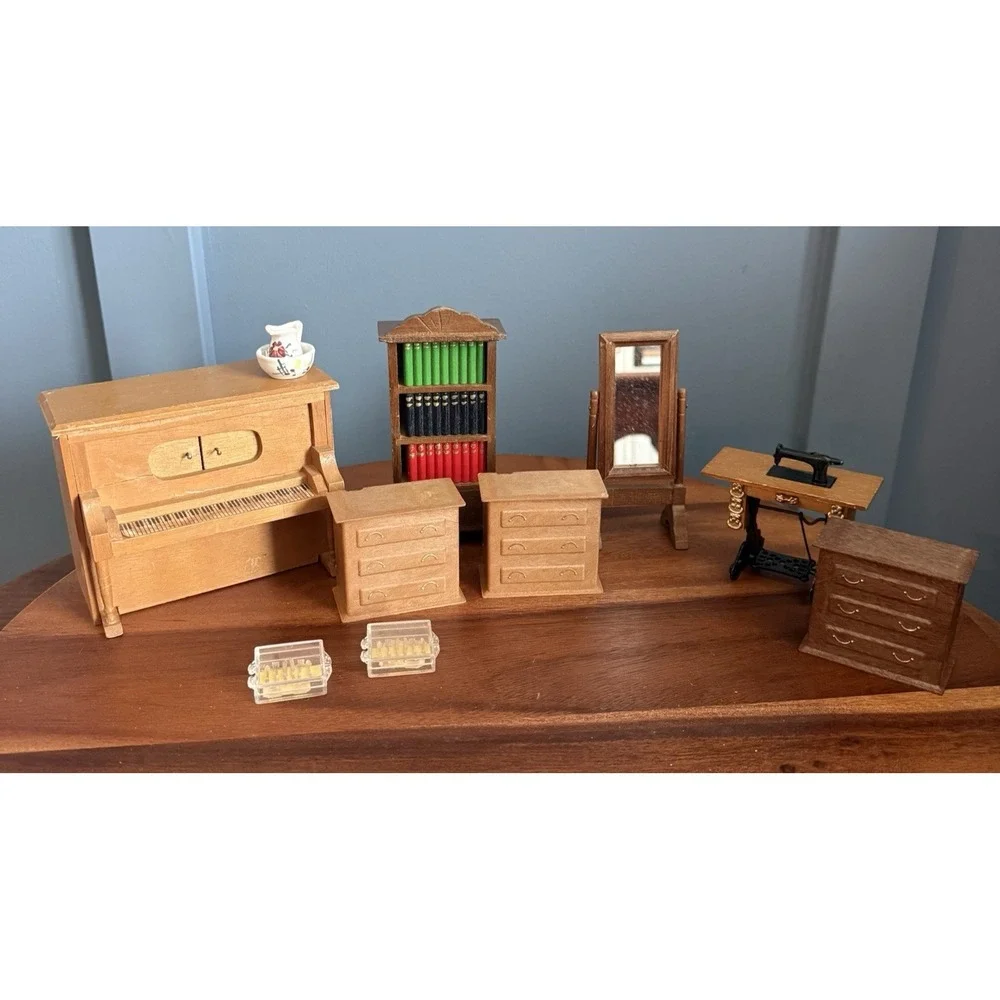 Vintage Dollhouse Miniature Furniture Lot Piano Music Box Sewing Machine Mirror